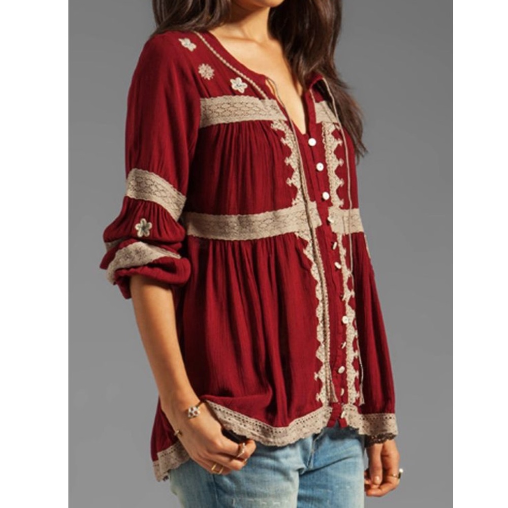 Free People Iris, Red XS, hippie boho gauze top.